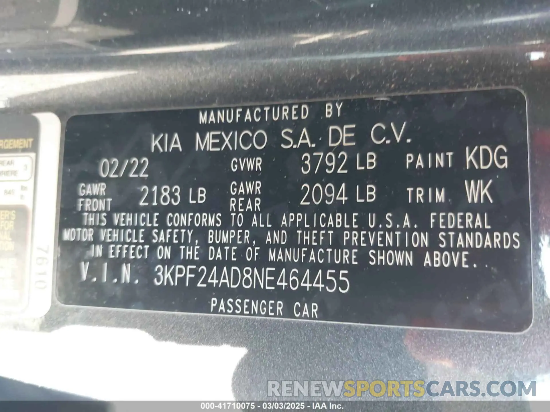 9 fotografías del automóvil dañado 3KPF24AD8NE464455 KIA FORTE 2022