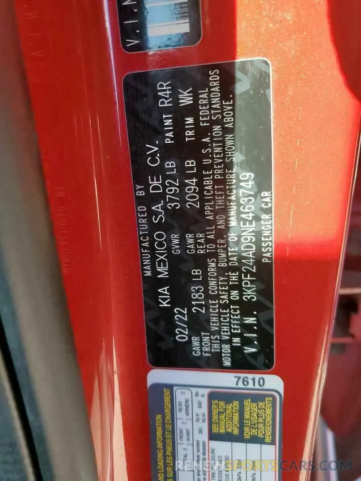 12 fotografías del automóvil dañado 3KPF24AD9NE463749 KIA FORTE 2022