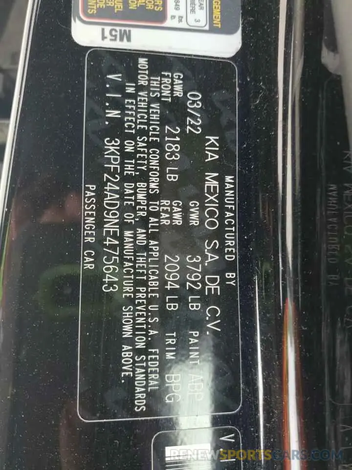 12 fotografías del automóvil dañado 3KPF24AD9NE475643 KIA FORTE 2022