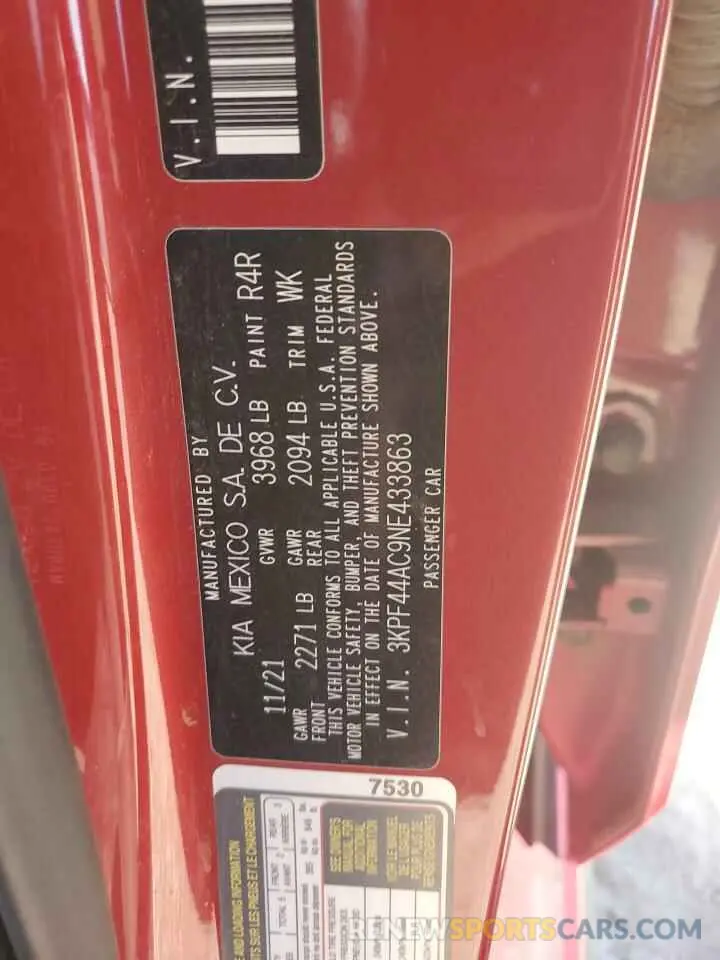 12 fotografías del automóvil dañado 3KPF44AC9NE433863 KIA FORTE 2022