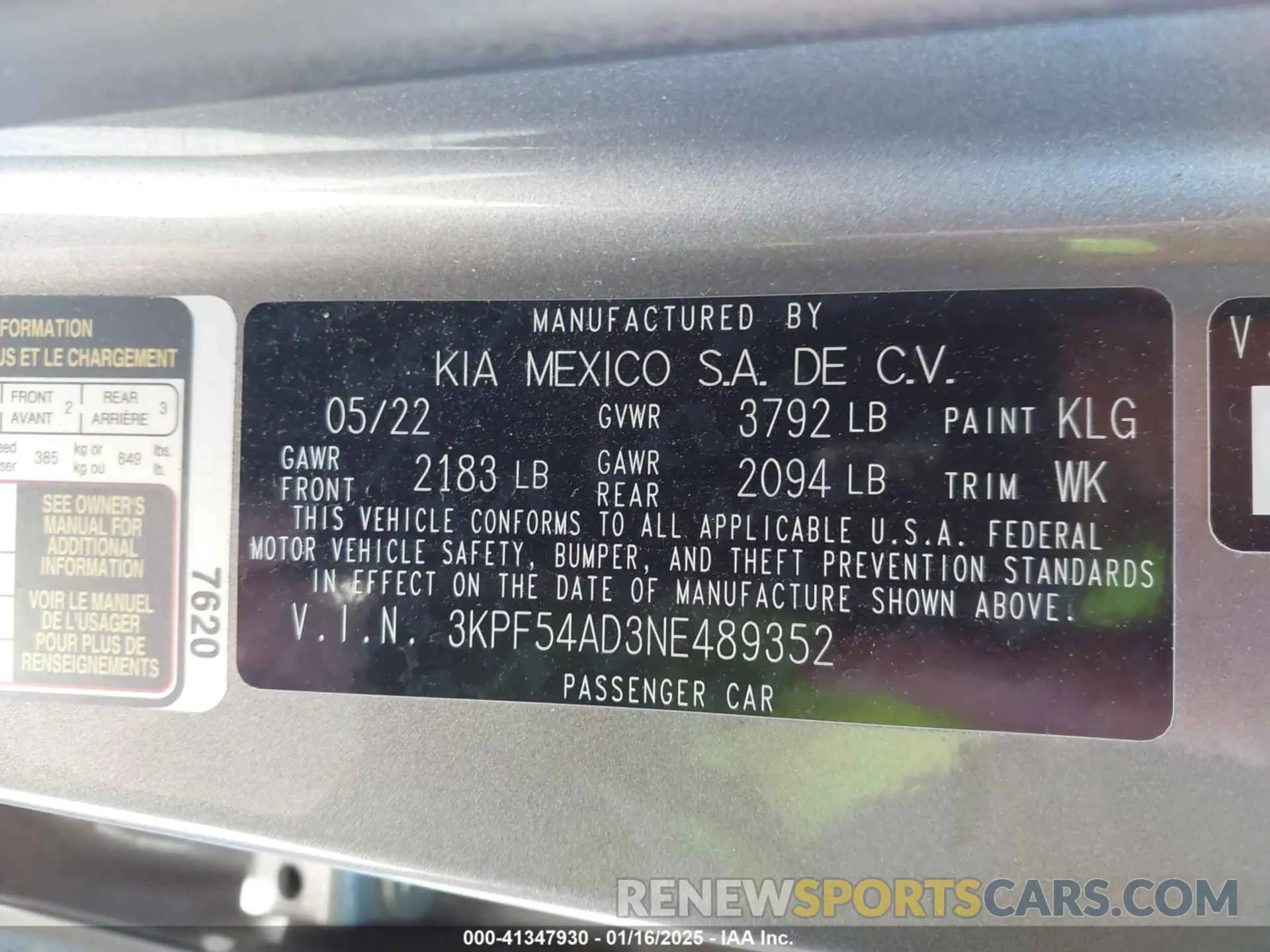 9 fotografías del automóvil dañado 3KPF54AD3NE489352 KIA FORTE 2022