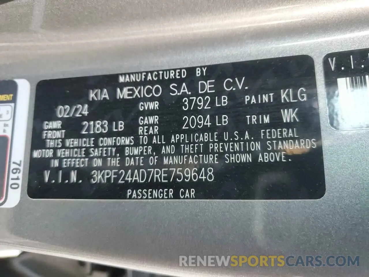 14 fotografías del automóvil dañado 3KPF24AD7RE759648 KIA FORTE 2024