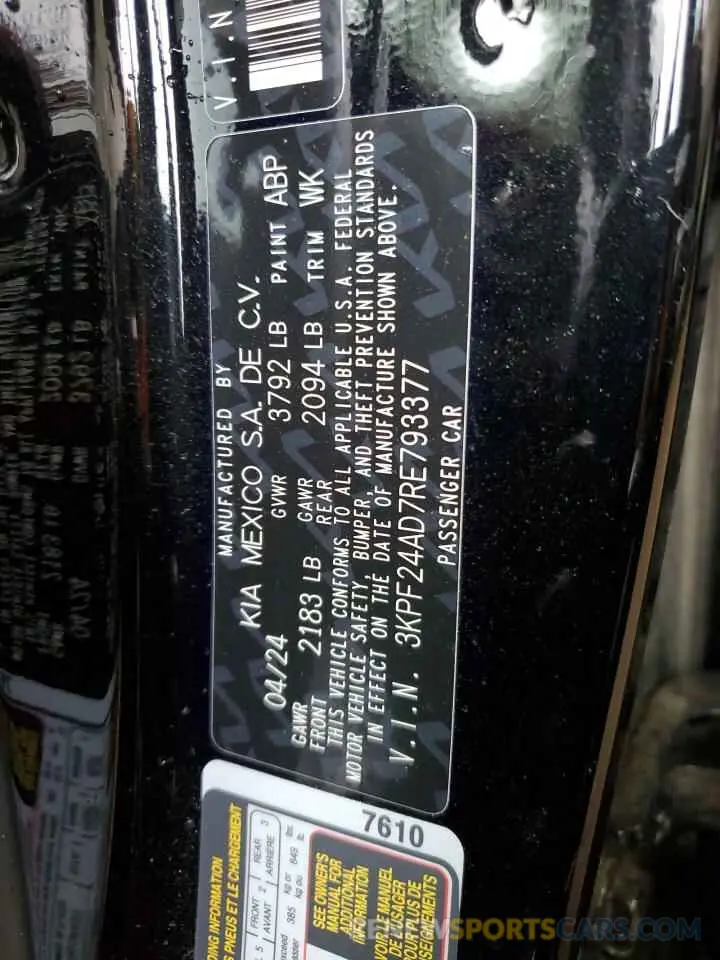 12 fotografías del automóvil dañado 3KPF24AD7RE793377 KIA FORTE 2024