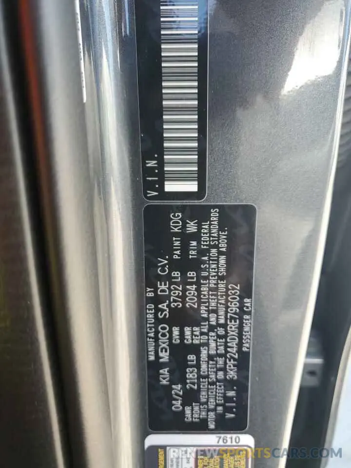 12 fotografías del automóvil dañado 3KPF24ADXRE796032 KIA FORTE 2024