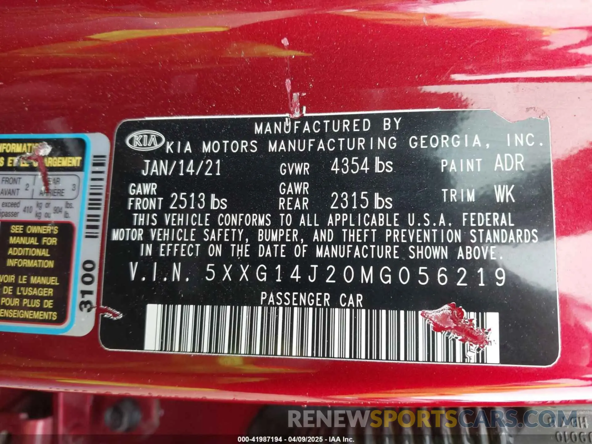 9 fotografías del automóvil dañado 5XXG14J20MG056219 KIA K5 2021