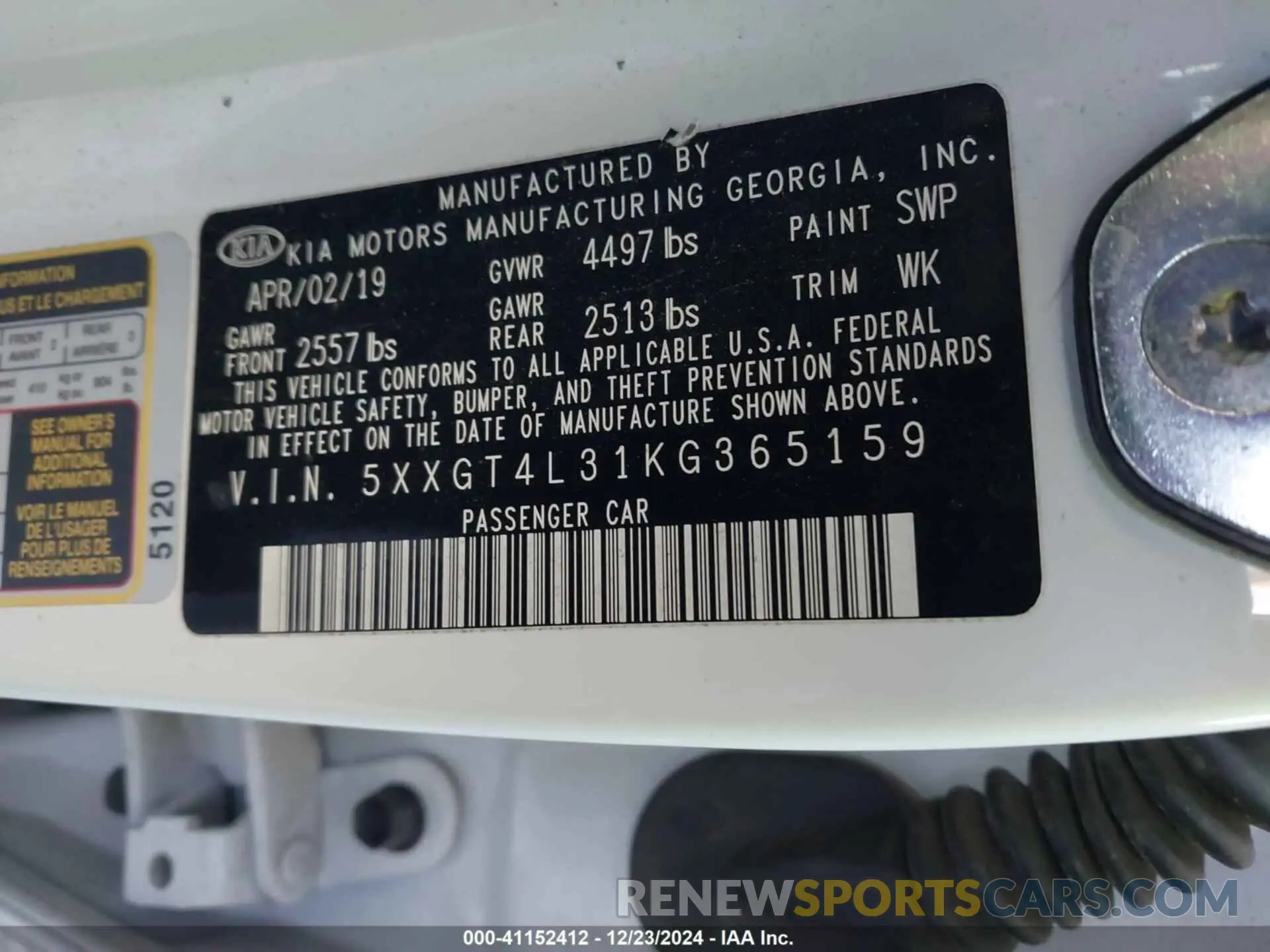 9 fotografías del automóvil dañado 5XXGT4L31KG365159 KIA OPTIMA 2019