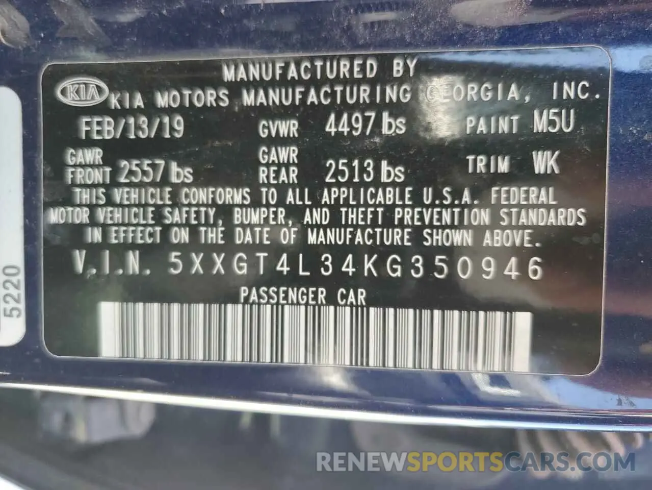 13 fotografías del automóvil dañado 5XXGT4L34KG350946 KIA OPTIMA 2019