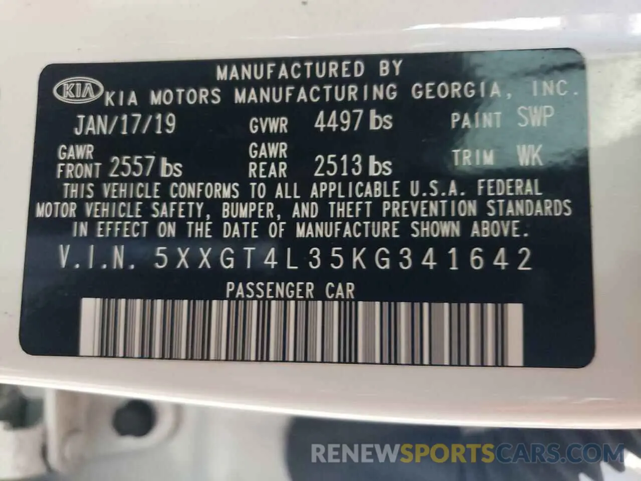14 fotografías del automóvil dañado 5XXGT4L35KG341642 KIA OPTIMA 2019