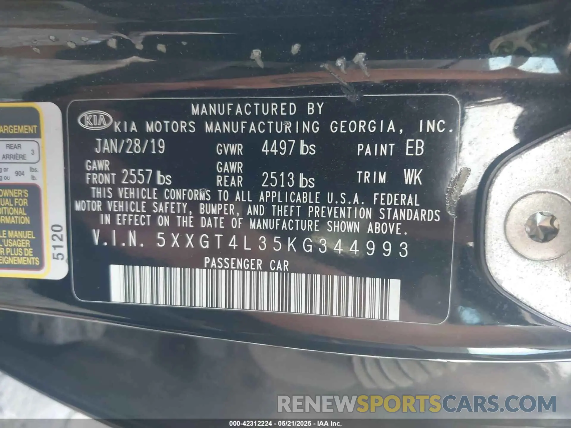 9 fotografías del automóvil dañado 5XXGT4L35KG344993 KIA OPTIMA 2019