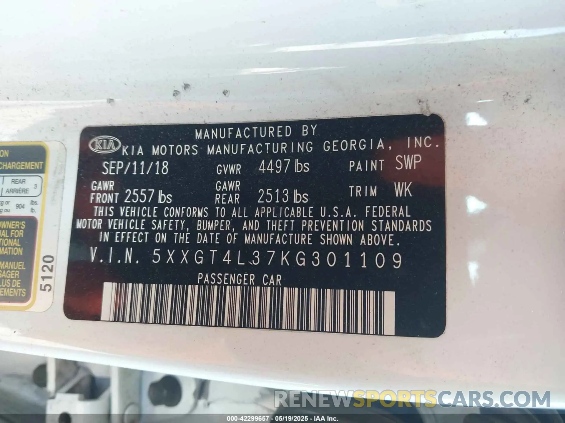 9 fotografías del automóvil dañado 5XXGT4L37KG301109 KIA OPTIMA 2019