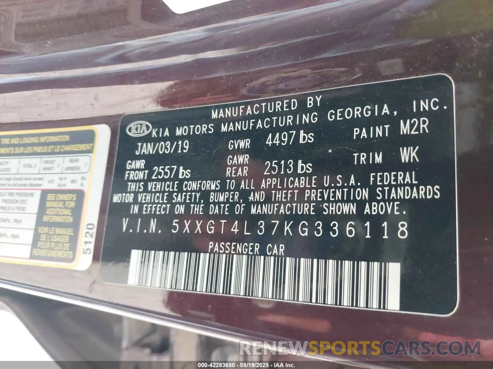 9 fotografías del automóvil dañado 5XXGT4L37KG336118 KIA OPTIMA 2019