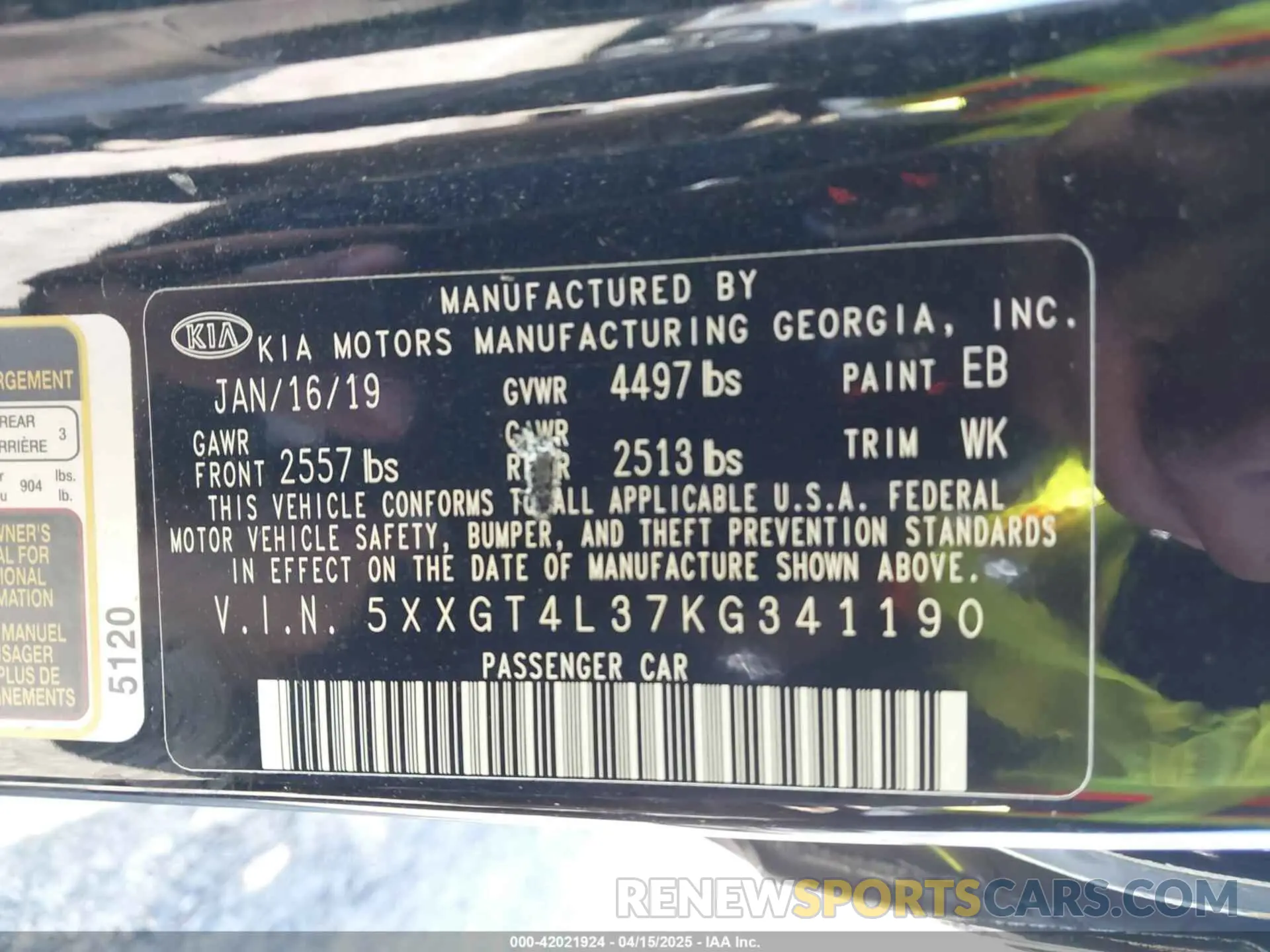 9 fotografías del automóvil dañado 5XXGT4L37KG341190 KIA OPTIMA 2019