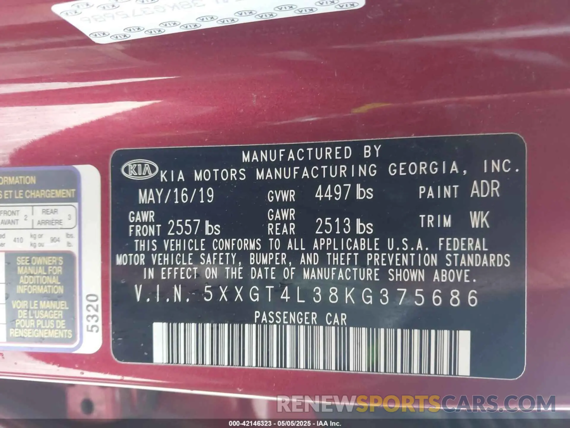 9 fotografías del automóvil dañado 5XXGT4L38KG375686 KIA OPTIMA 2019