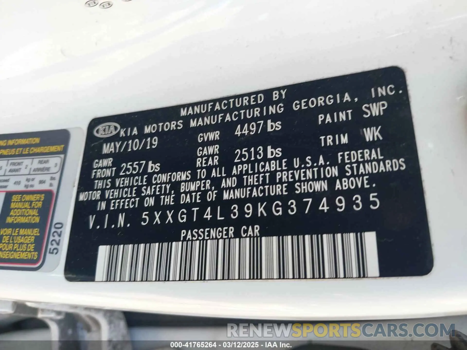 9 fotografías del automóvil dañado 5XXGT4L39KG374935 KIA OPTIMA 2019