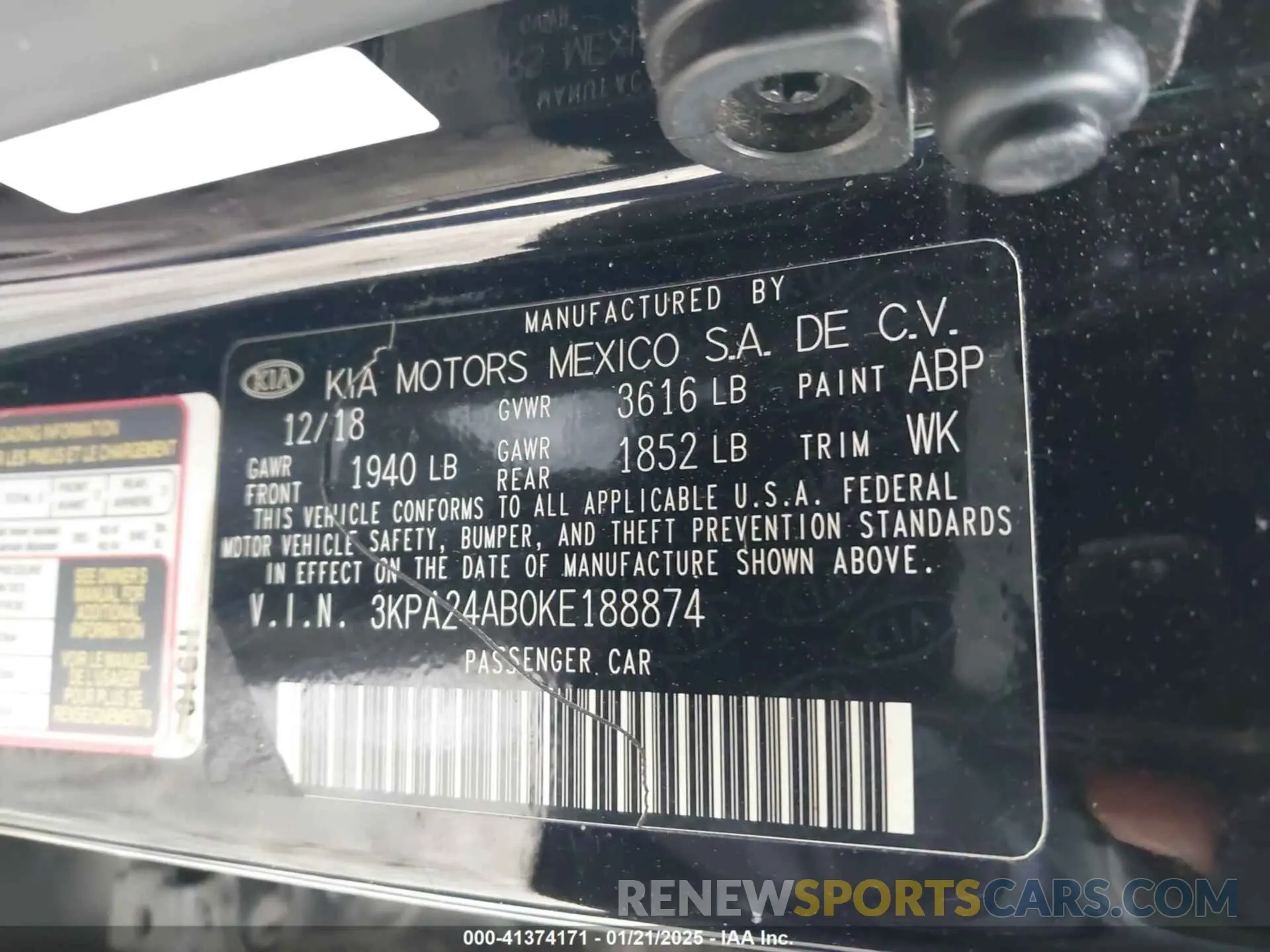 9 fotografías del automóvil dañado 3KPA24AB0KE188874 KIA RIO 2019