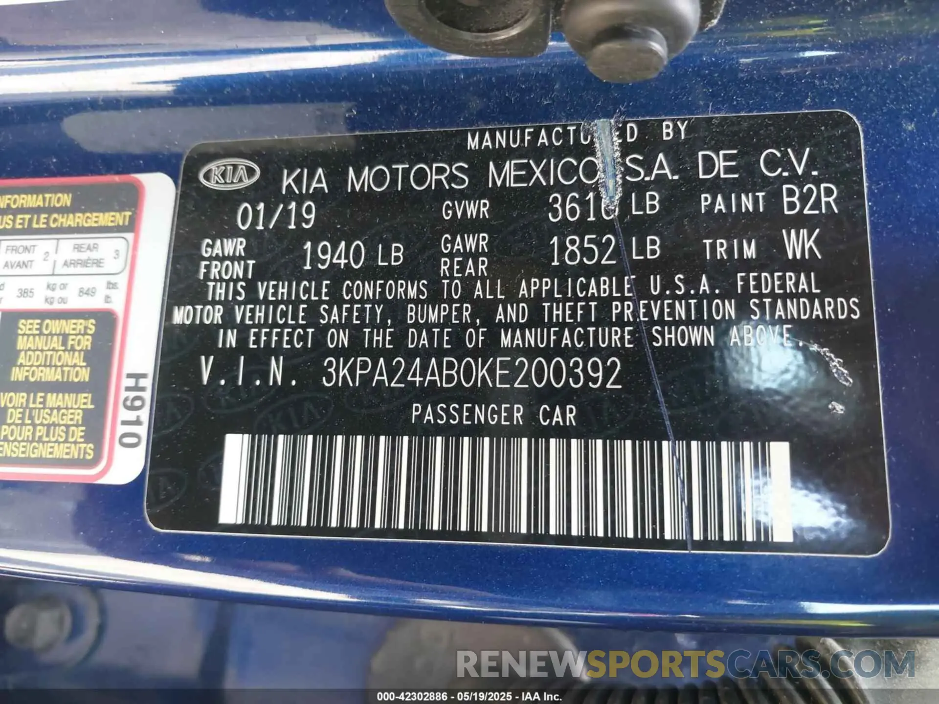 9 fotografías del automóvil dañado 3KPA24AB0KE200392 KIA RIO 2019