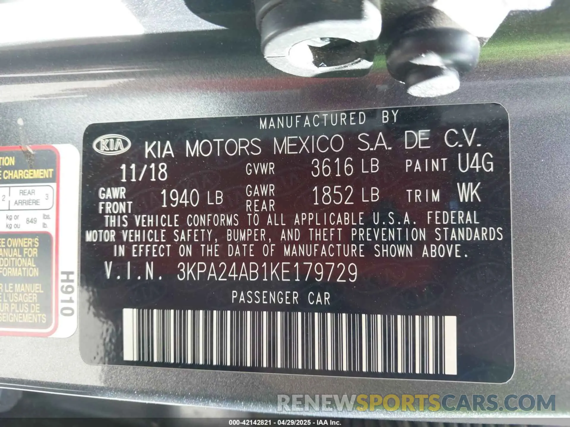 9 fotografías del automóvil dañado 3KPA24AB1KE179729 KIA RIO 2019