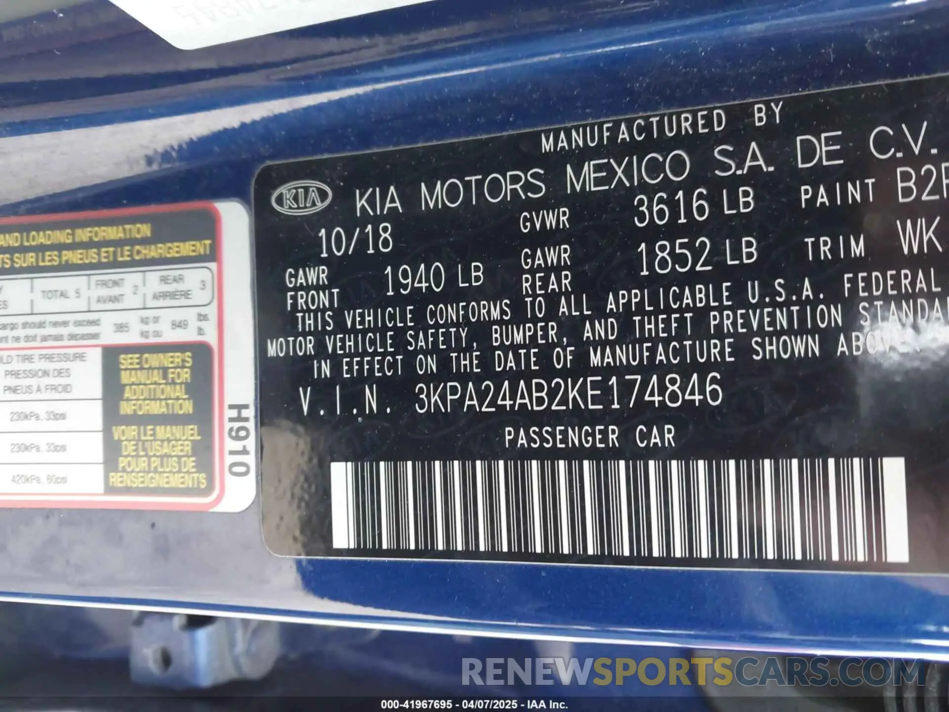 9 fotografías del automóvil dañado 3KPA24AB2KE174846 KIA RIO 2019