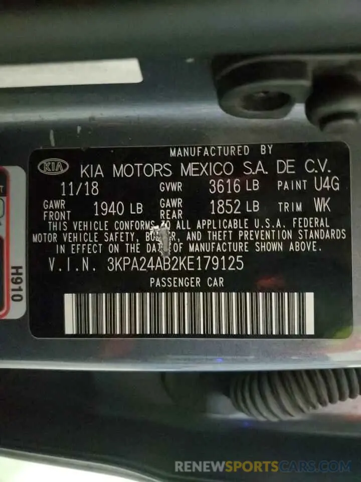 12 fotografías del automóvil dañado 3KPA24AB2KE179125 KIA RIO 2019