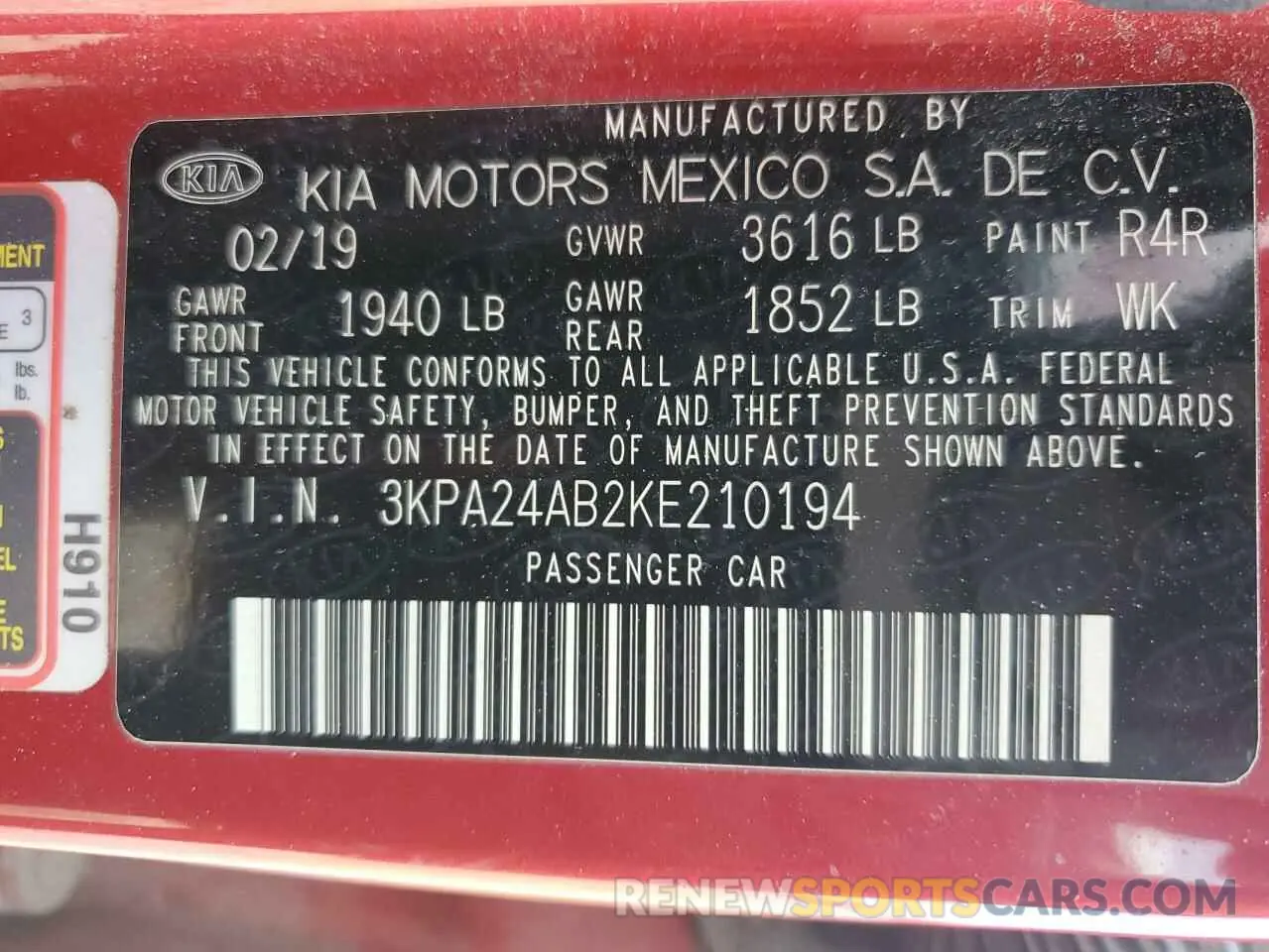 12 fotografías del automóvil dañado 3KPA24AB2KE210194 KIA RIO 2019