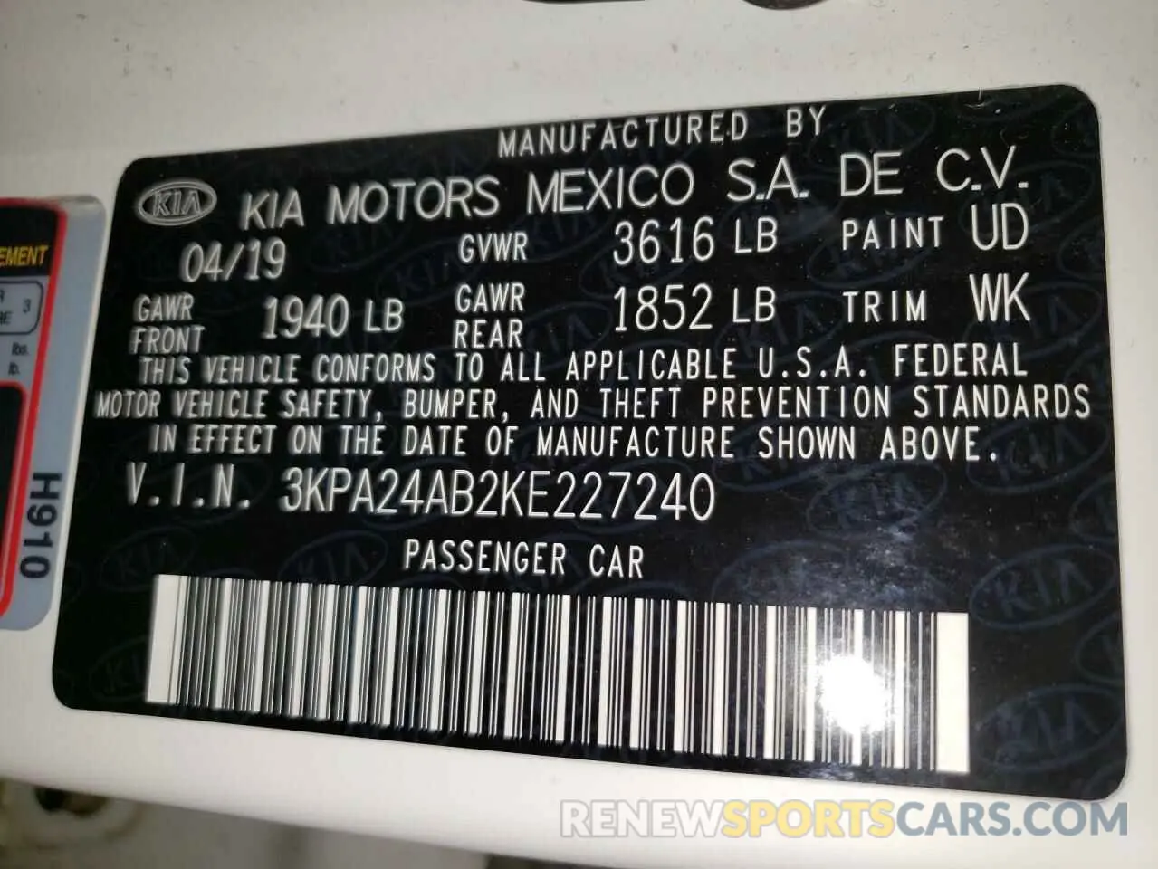 13 fotografías del automóvil dañado 3KPA24AB2KE227240 KIA RIO 2019