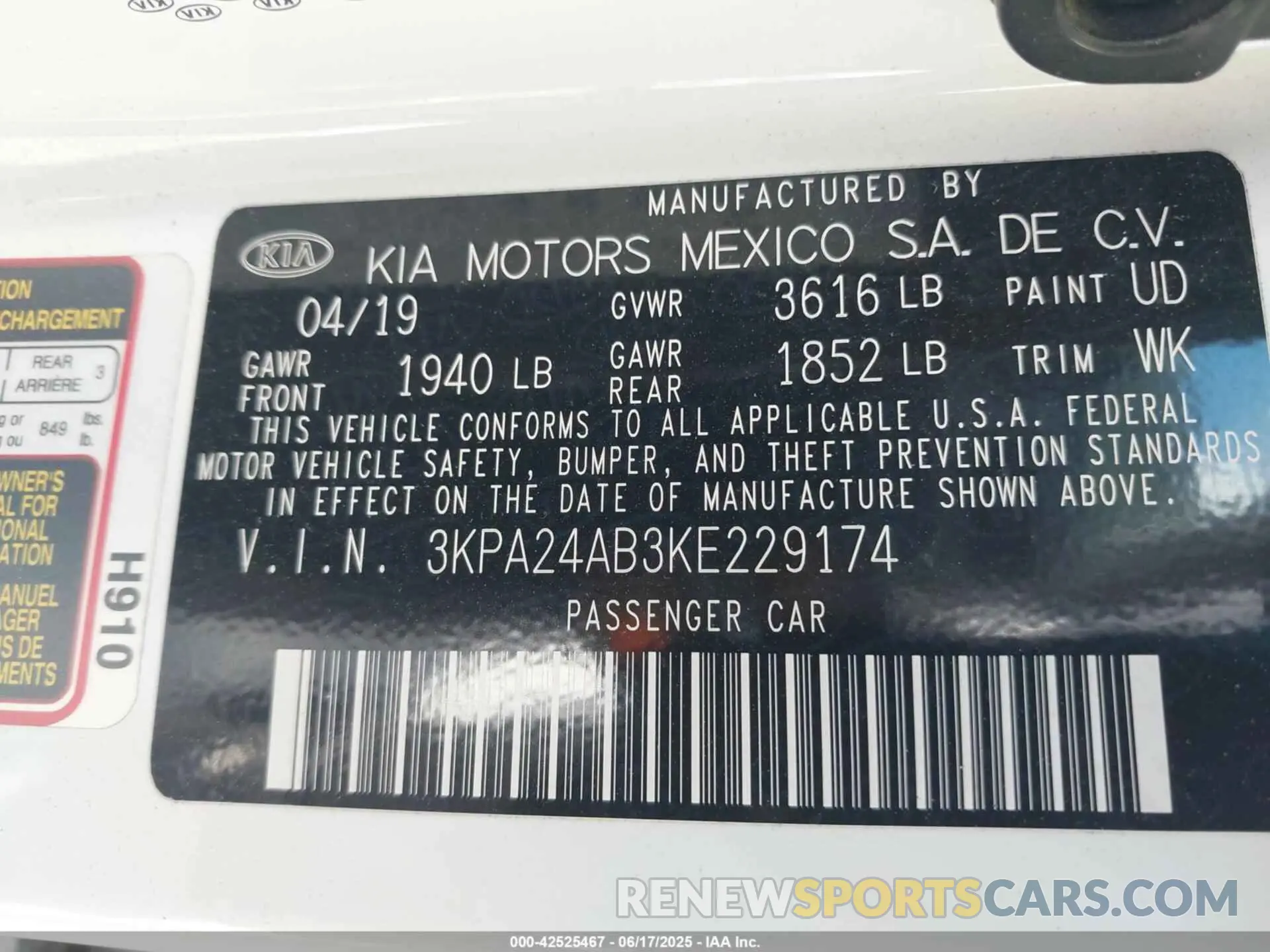 9 fotografías del automóvil dañado 3KPA24AB3KE229174 KIA RIO 2019