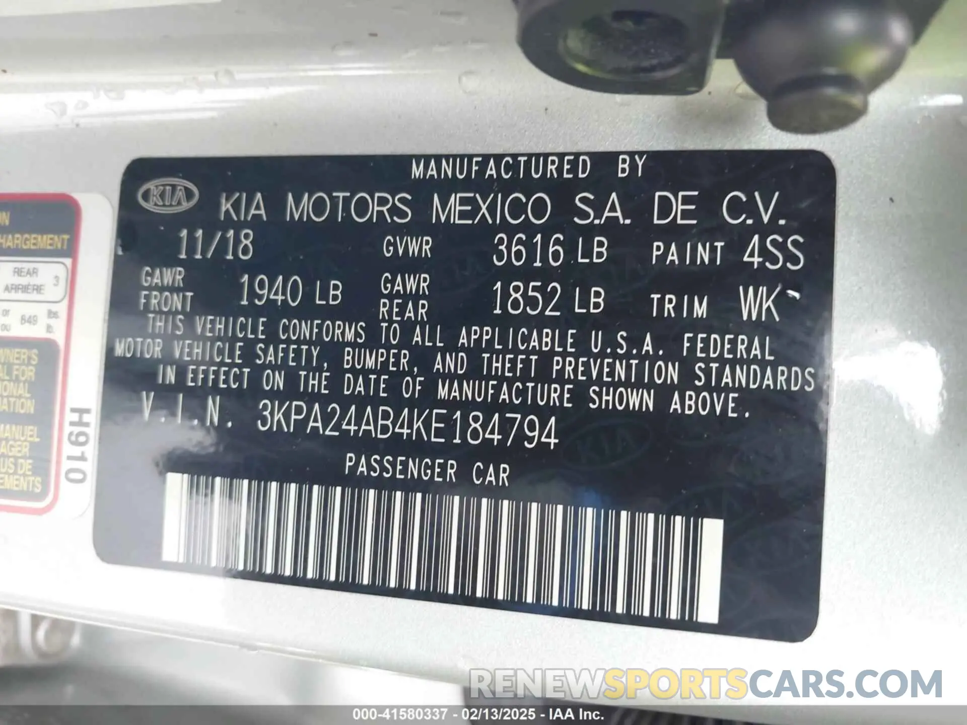 9 fotografías del automóvil dañado 3KPA24AB4KE184794 KIA RIO 2019