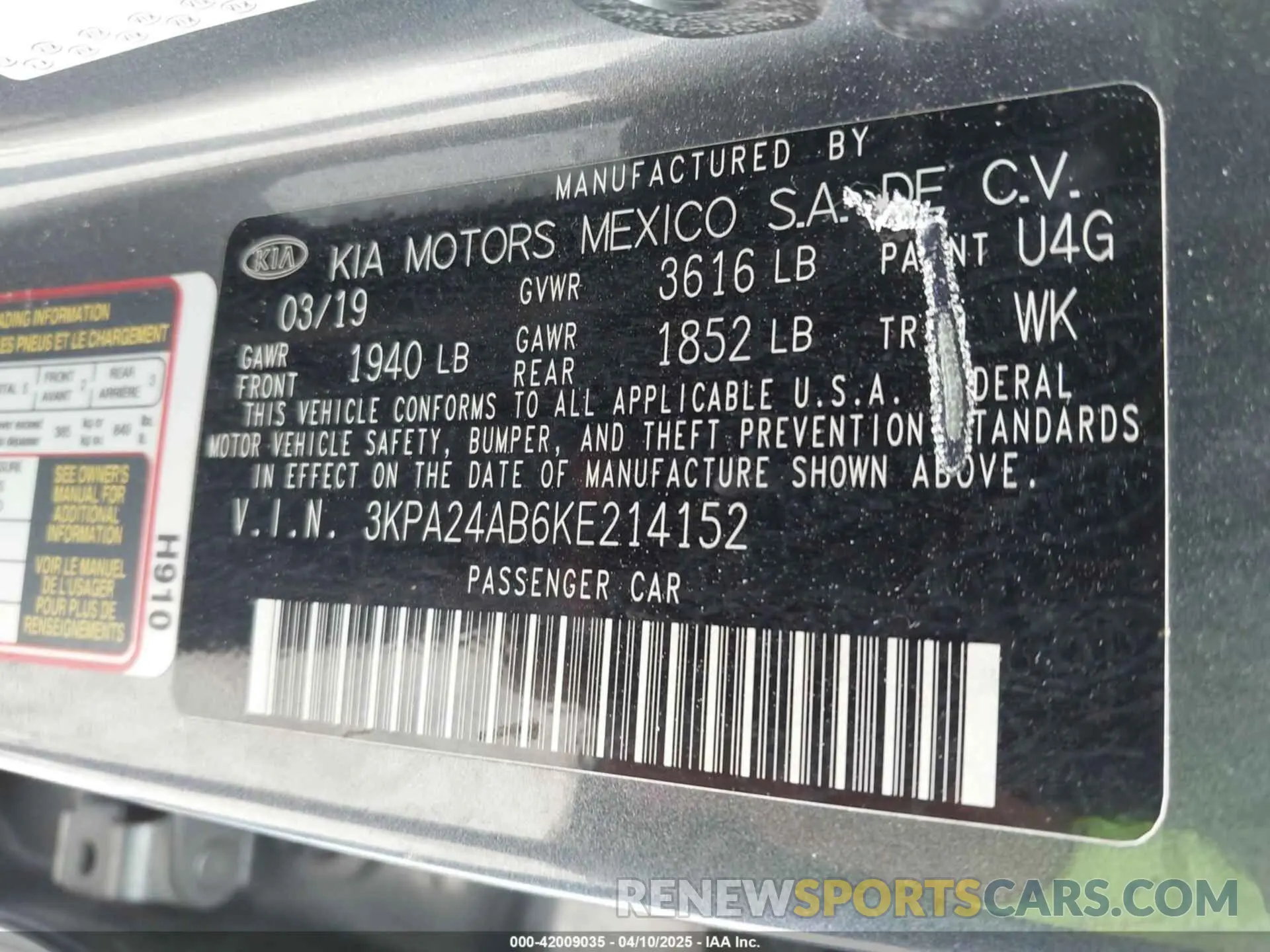 9 fotografías del automóvil dañado 3KPA24AB6KE214152 KIA RIO 2019