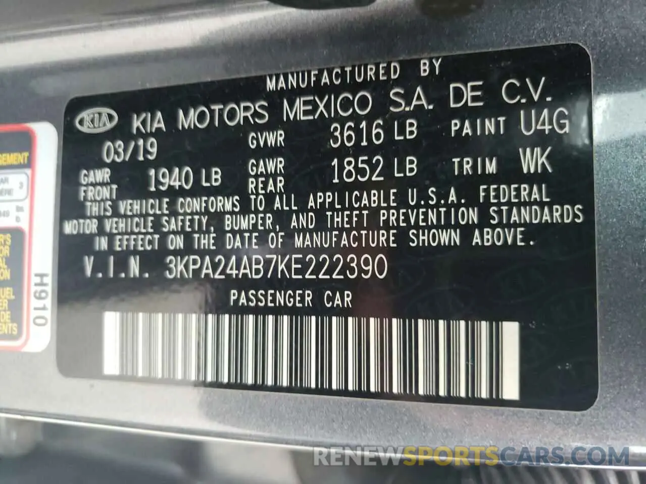 12 fotografías del automóvil dañado 3KPA24AB7KE222390 KIA RIO 2019
