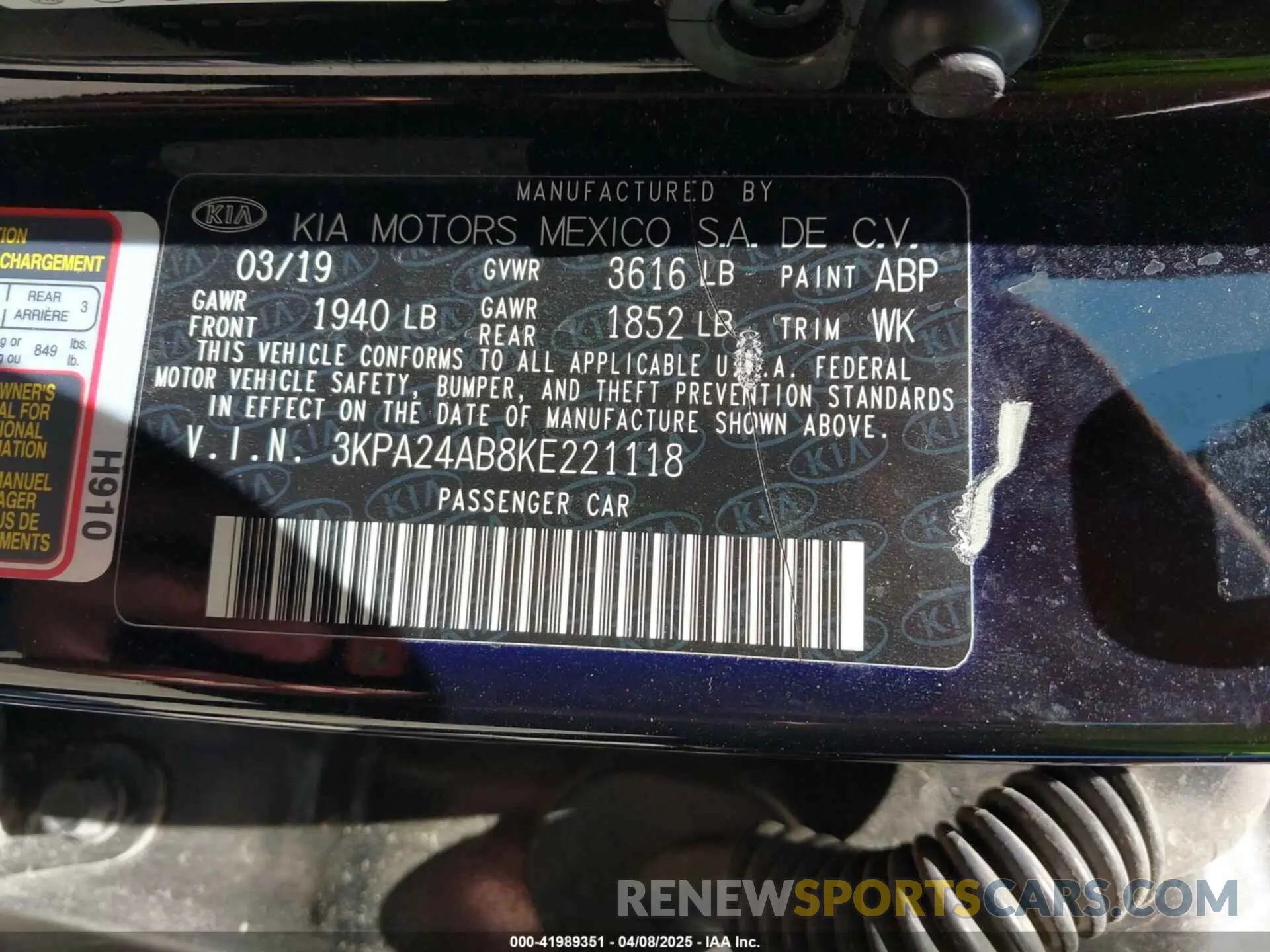 9 fotografías del automóvil dañado 3KPA24AB8KE221118 KIA RIO 2019