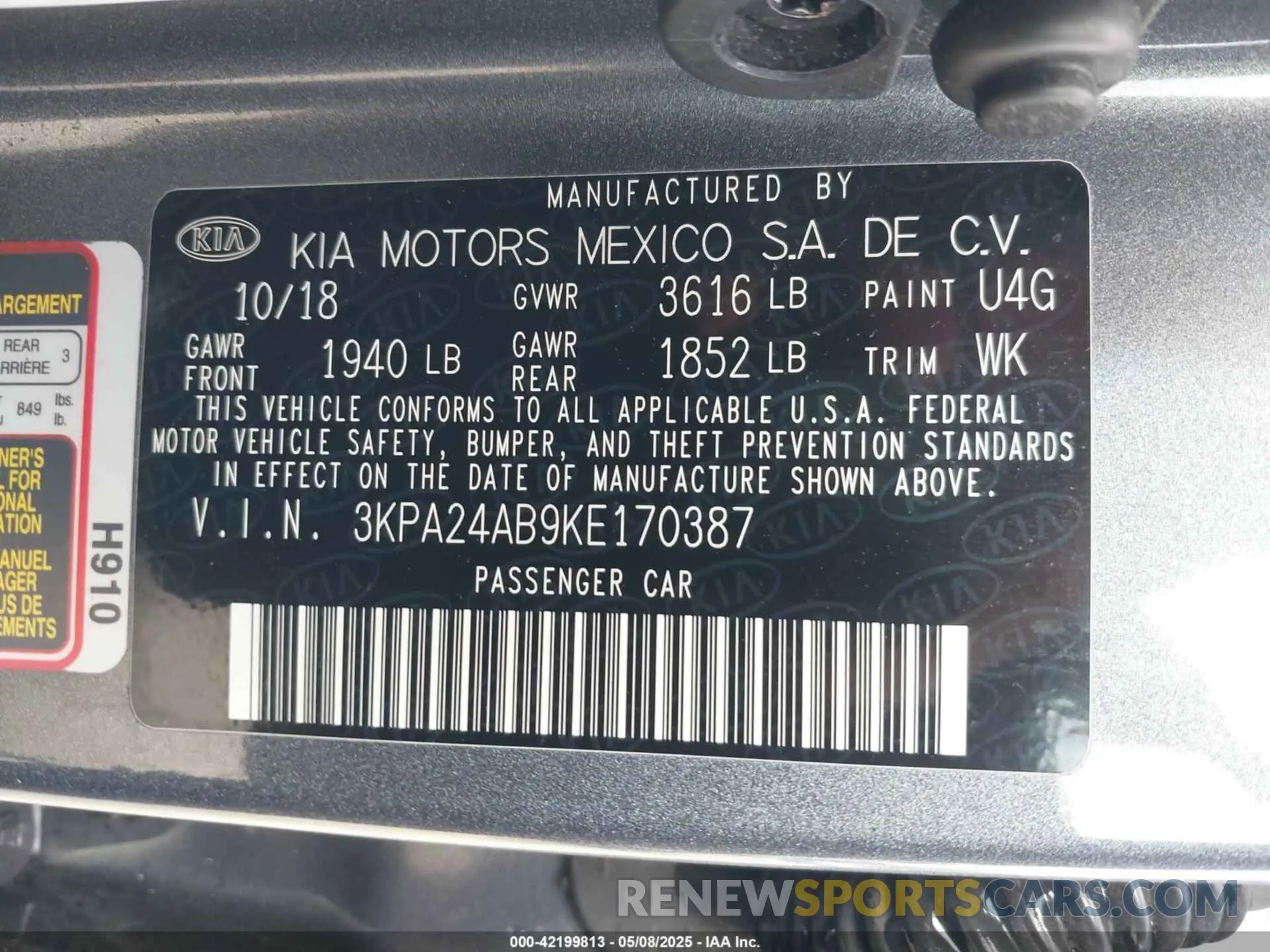 9 fotografías del automóvil dañado 3KPA24AB9KE170387 KIA RIO 2019