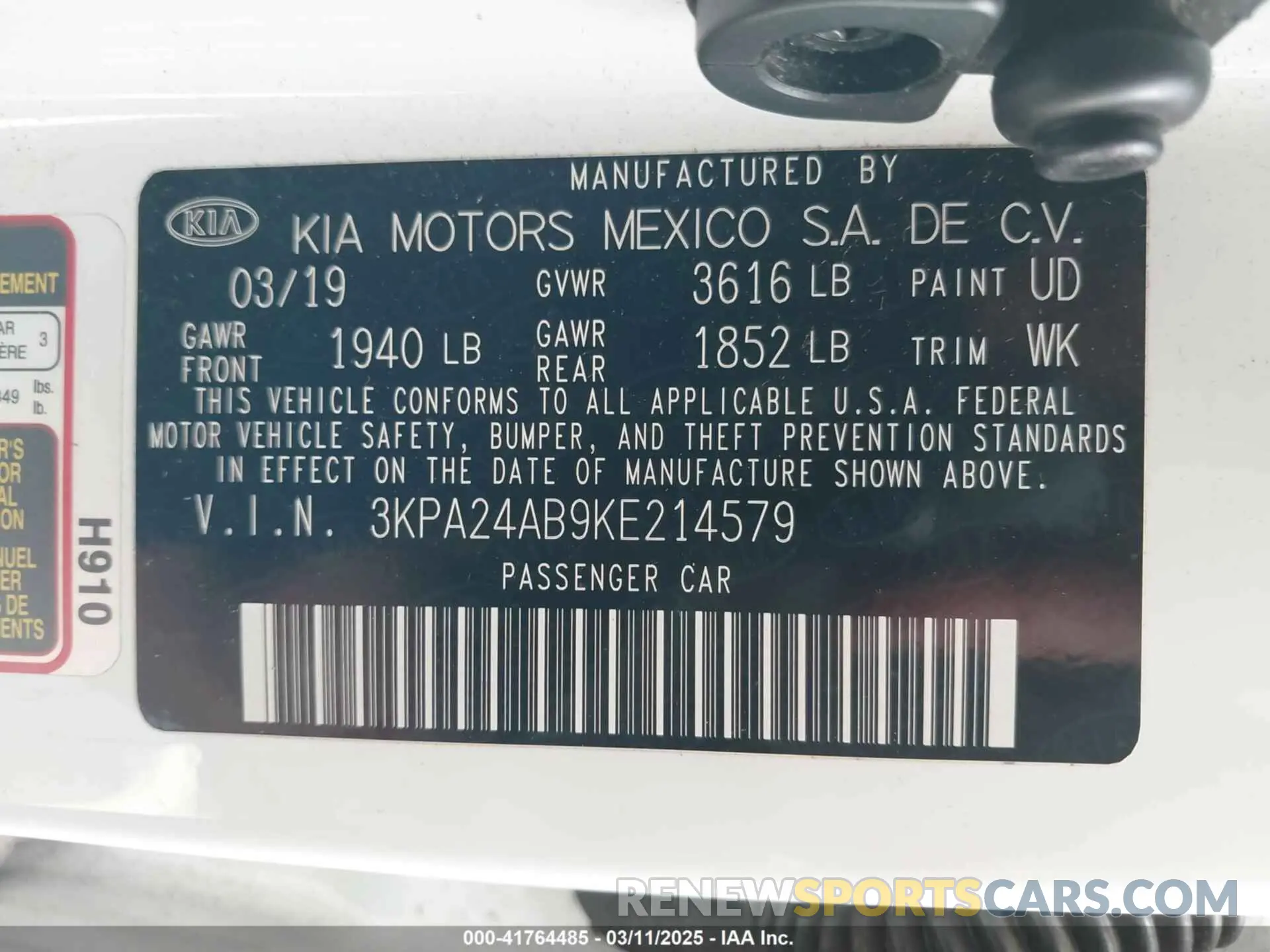 9 fotografías del automóvil dañado 3KPA24AB9KE214579 KIA RIO 2019