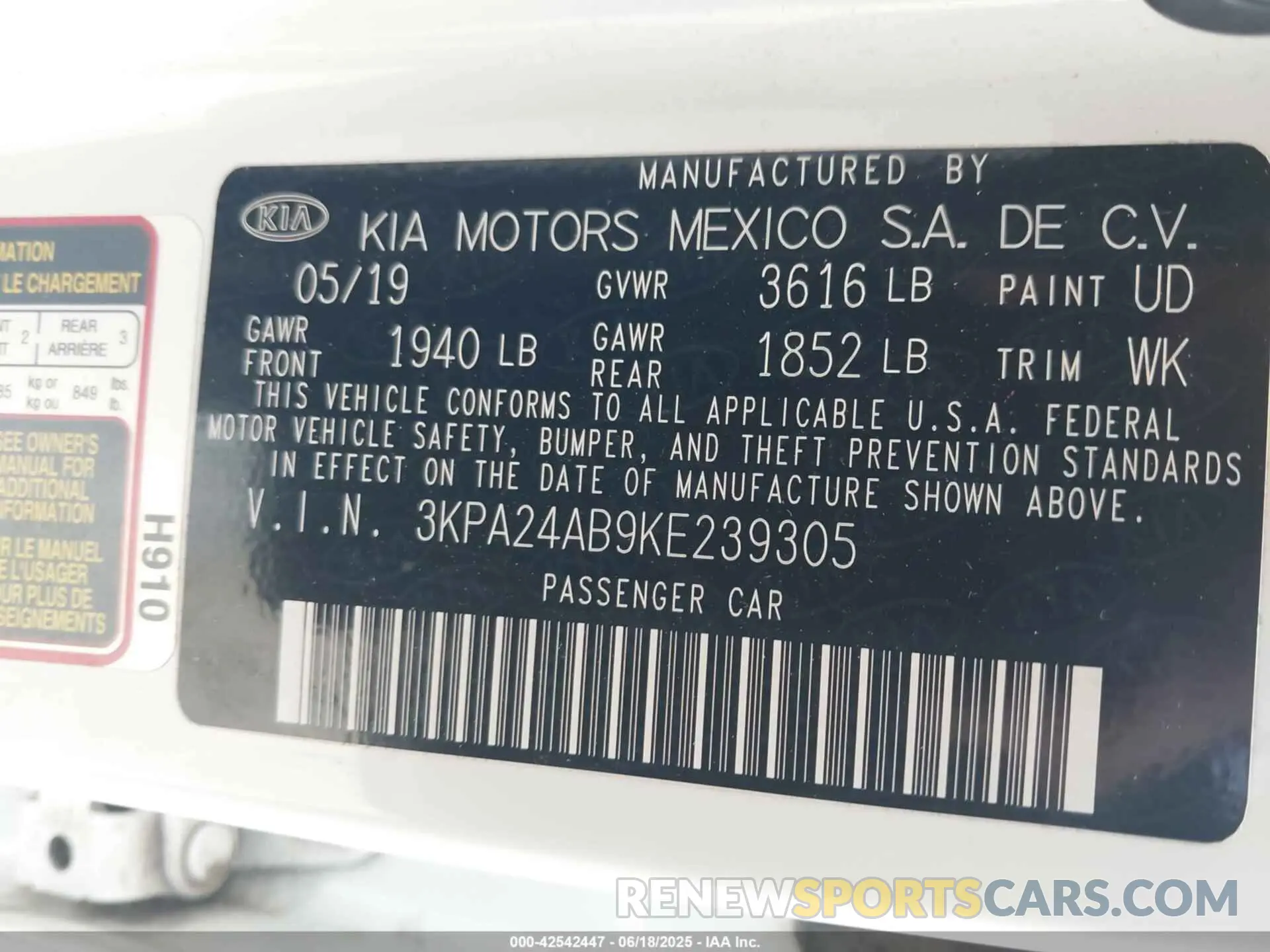 9 fotografías del automóvil dañado 3KPA24AB9KE239305 KIA RIO 2019