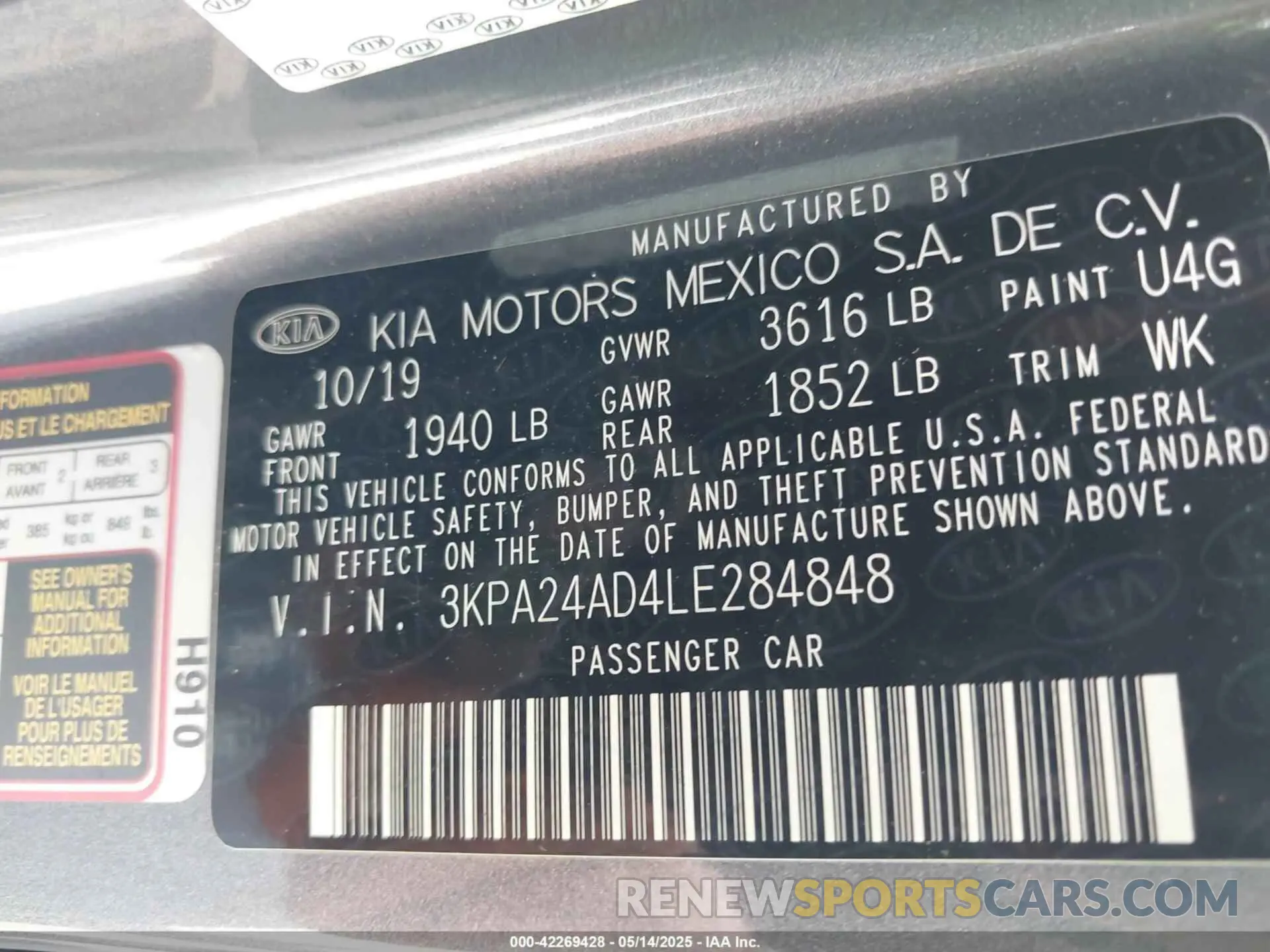 9 fotografías del automóvil dañado 3KPA24AD4LE284848 KIA RIO 2020