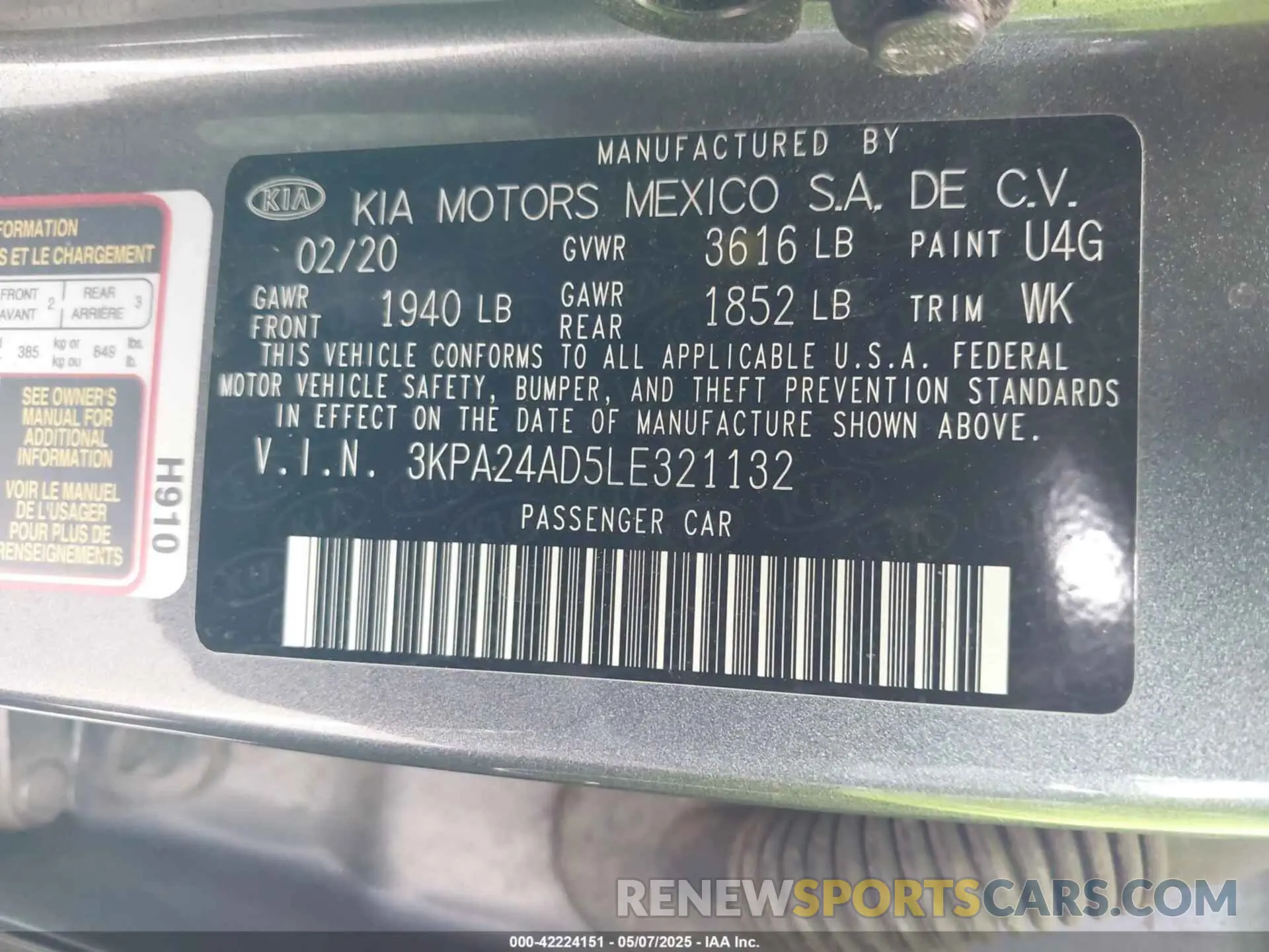 9 fotografías del automóvil dañado 3KPA24AD5LE321132 KIA RIO 2020