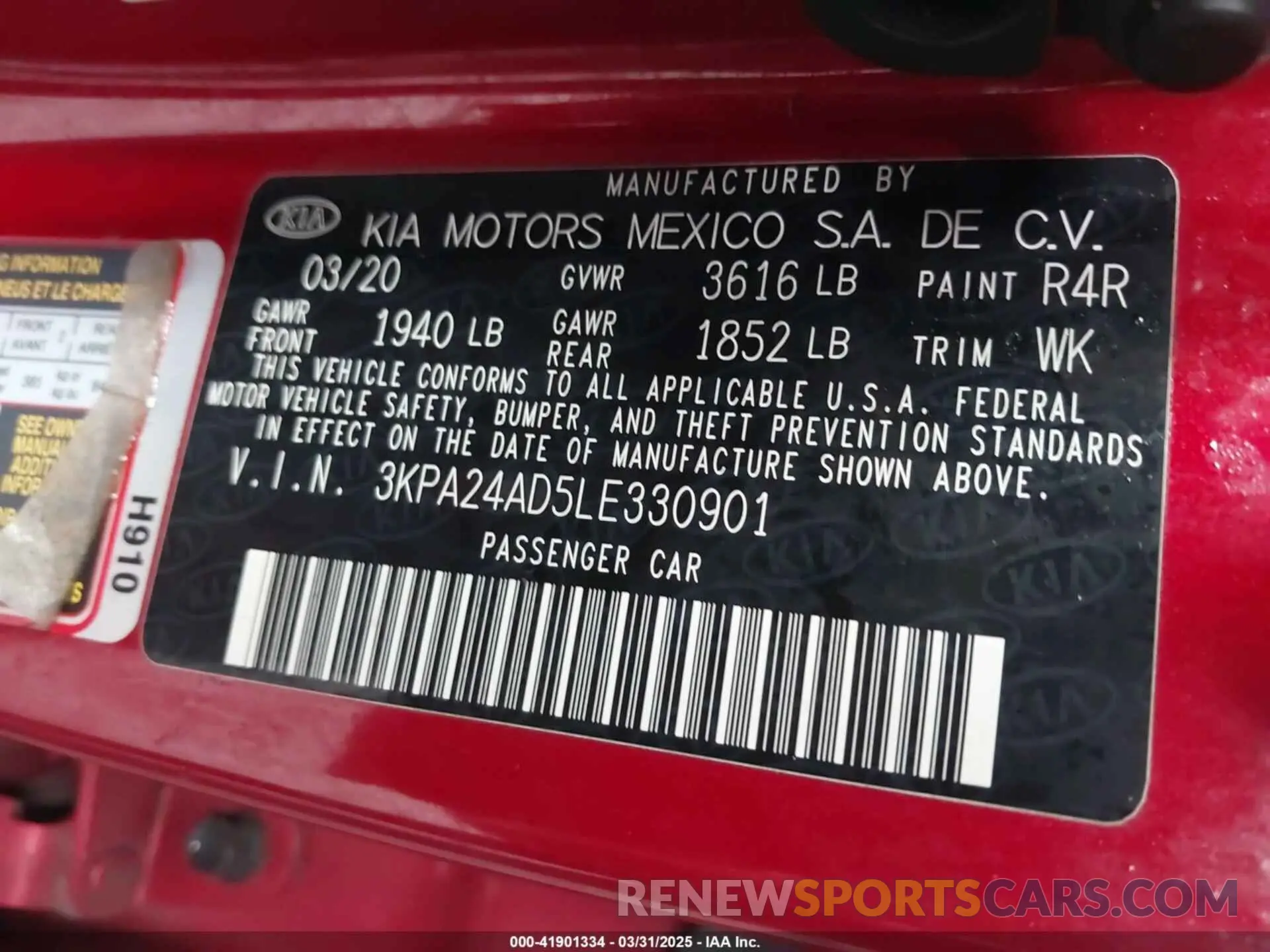 9 fotografías del automóvil dañado 3KPA24AD5LE330901 KIA RIO 2020