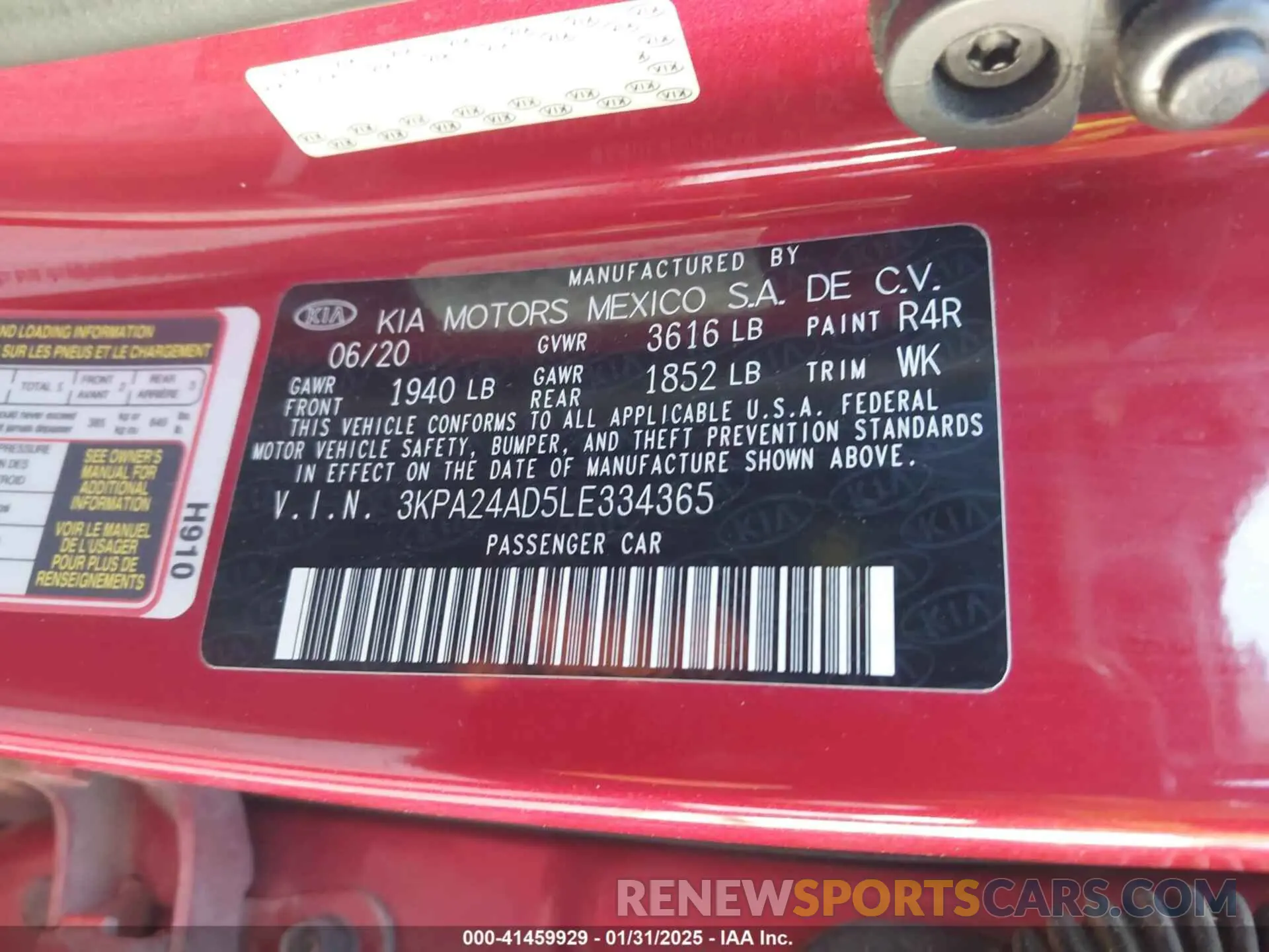 9 fotografías del automóvil dañado 3KPA24AD5LE334365 KIA RIO 2020