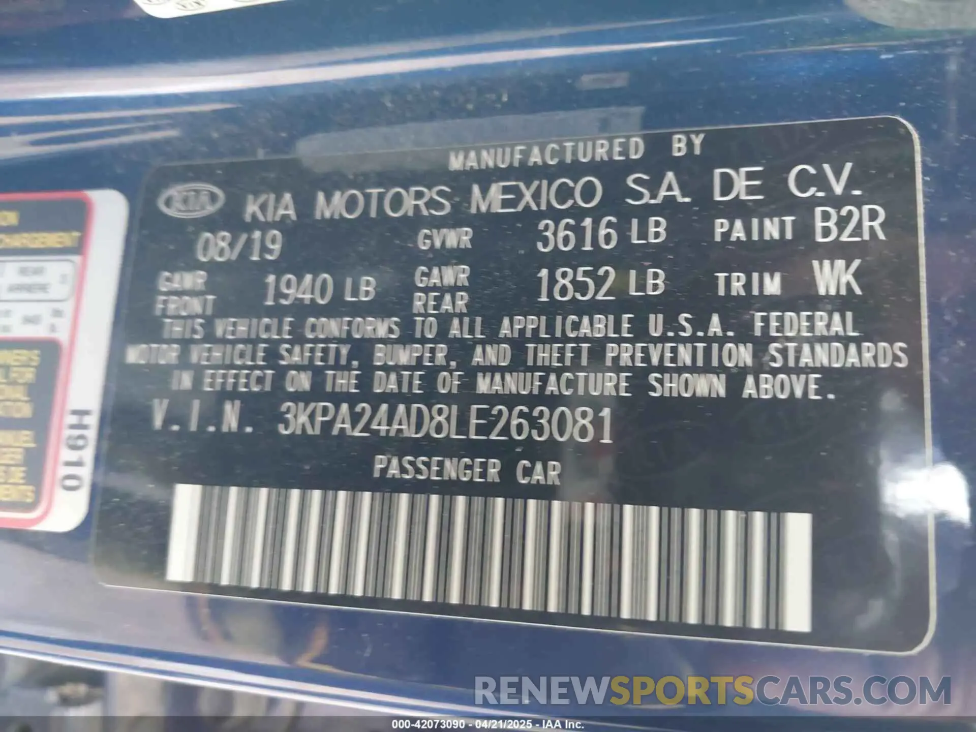 9 fotografías del automóvil dañado 3KPA24AD8LE263081 KIA RIO 2020