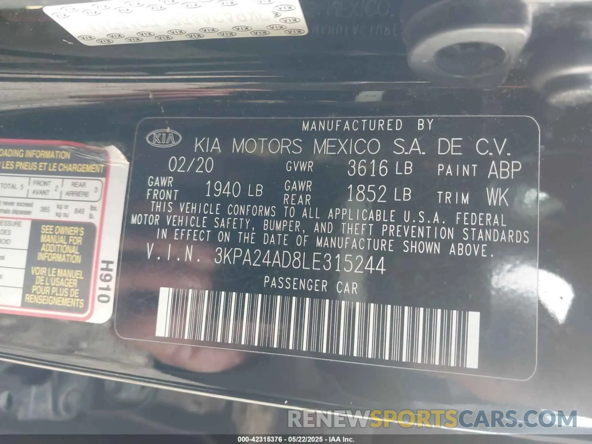 9 fotografías del automóvil dañado 3KPA24AD8LE315244 KIA RIO 2020