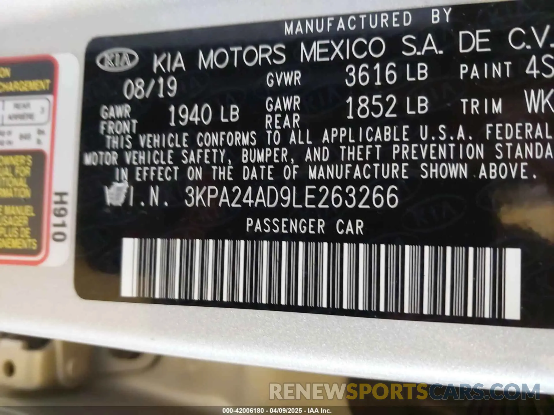 9 fotografías del automóvil dañado 3KPA24AD9LE263266 KIA RIO 2020