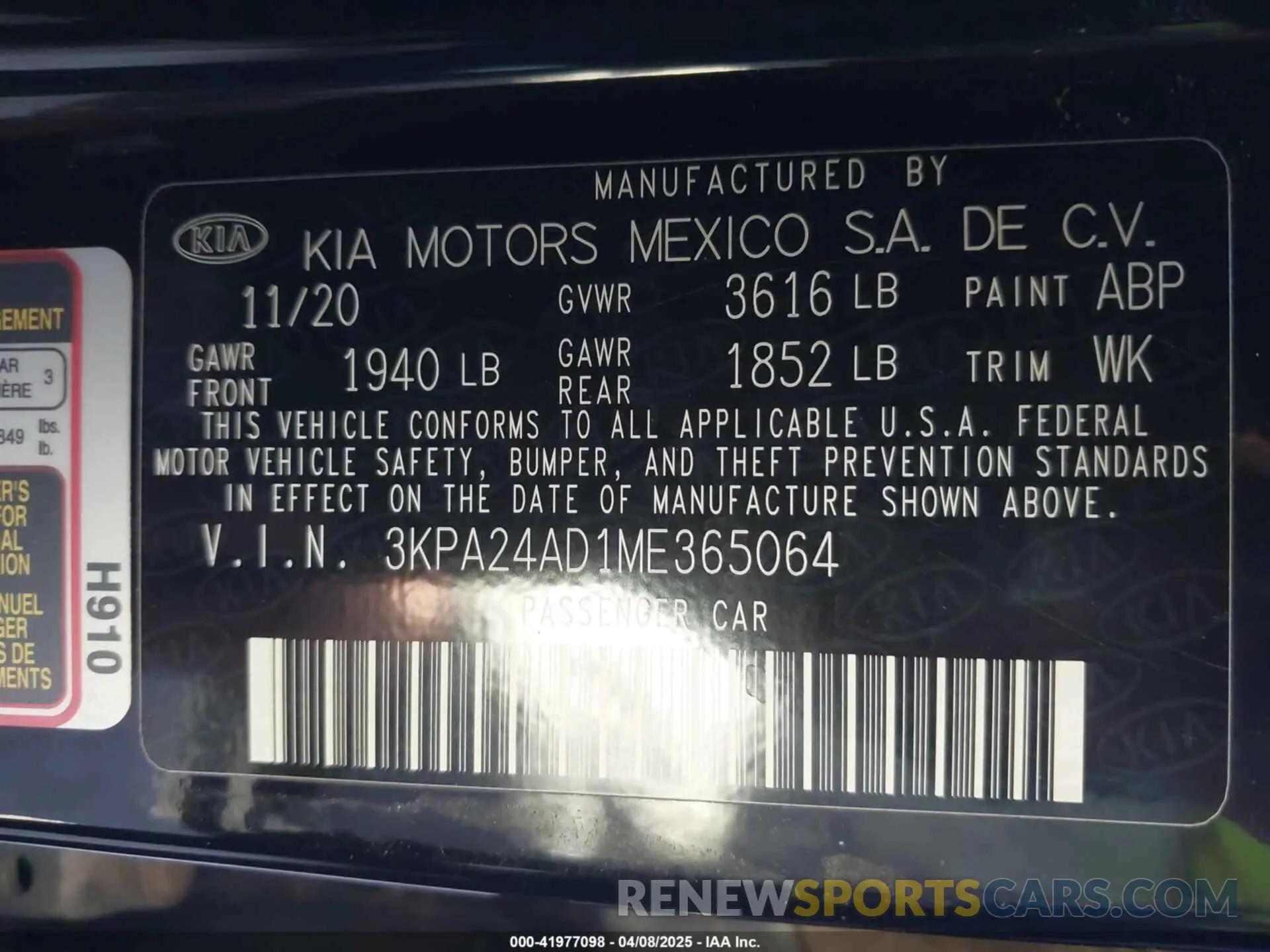 9 fotografías del automóvil dañado 3KPA24AD1ME365064 KIA RIO 2021