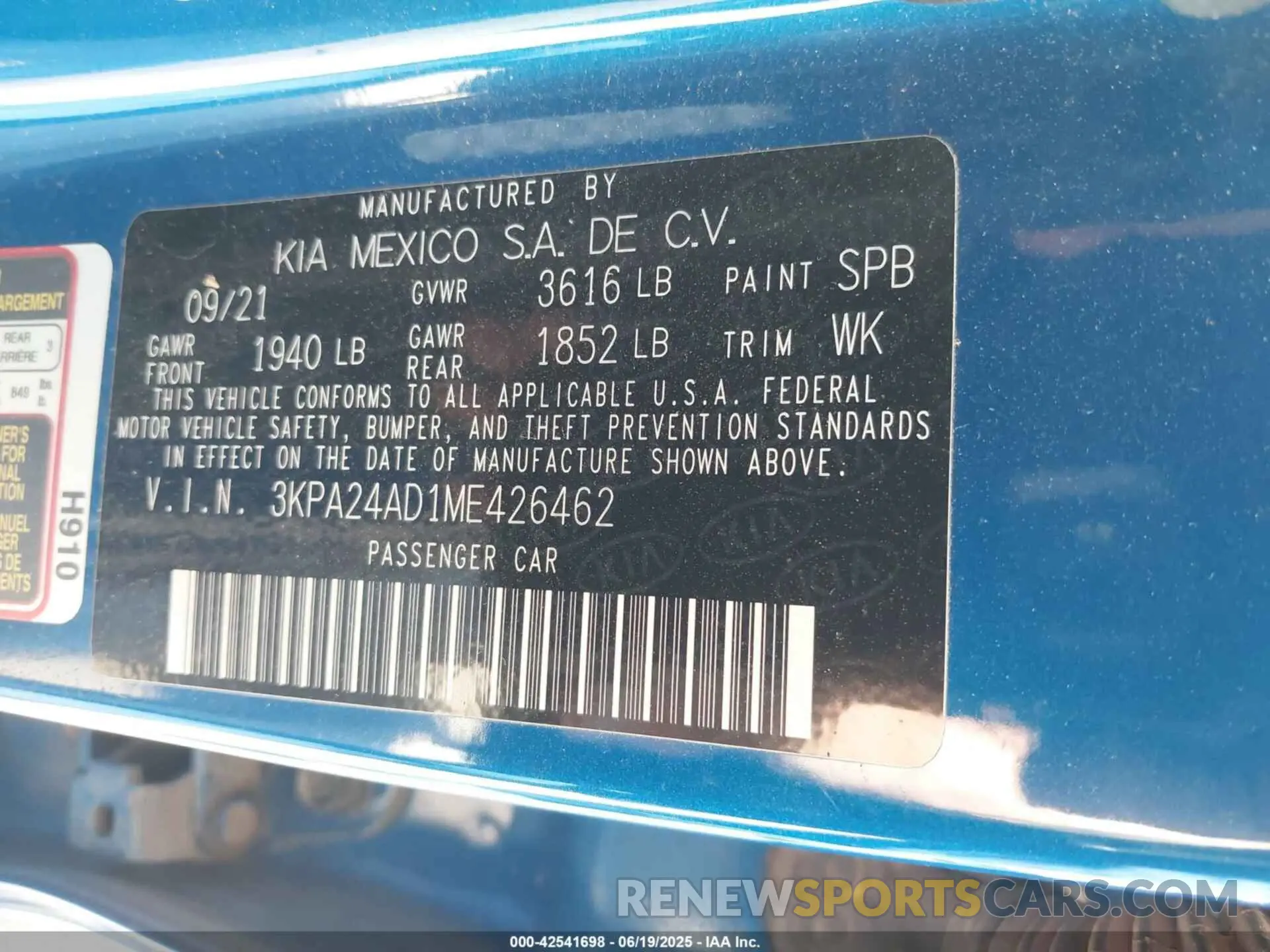 9 fotografías del automóvil dañado 3KPA24AD1ME426462 KIA RIO 2021