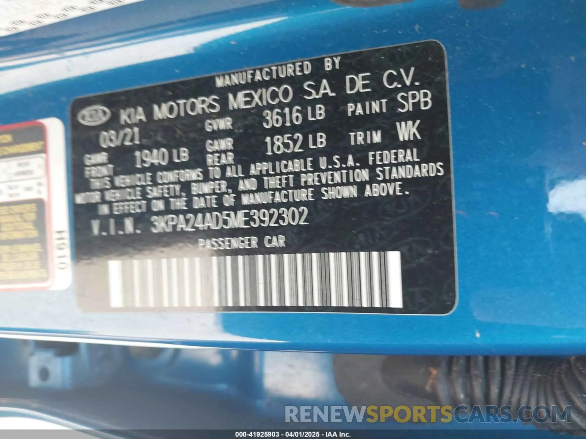 9 fotografías del automóvil dañado 3KPA24AD5ME392302 KIA RIO 2021