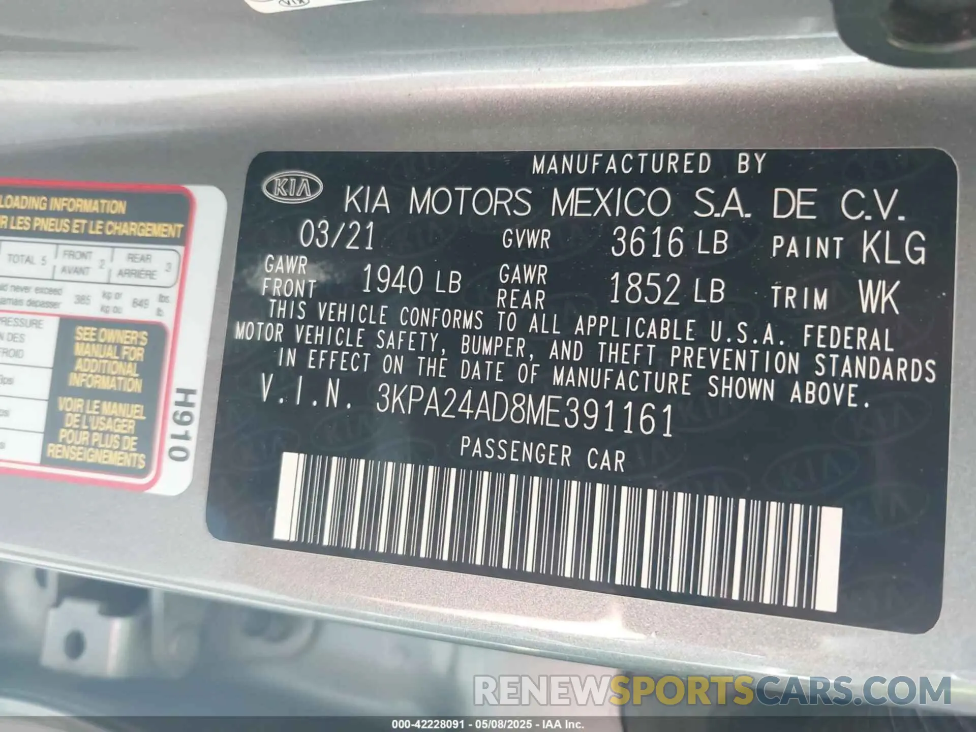 9 fotografías del automóvil dañado 3KPA24AD8ME391161 KIA RIO 2021