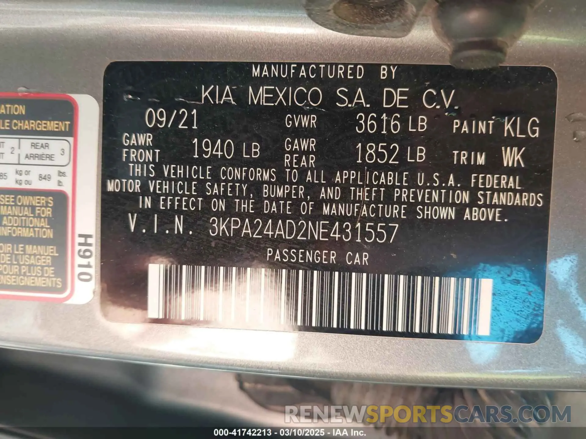 9 fotografías del automóvil dañado 3KPA24AD2NE431557 KIA RIO 2022