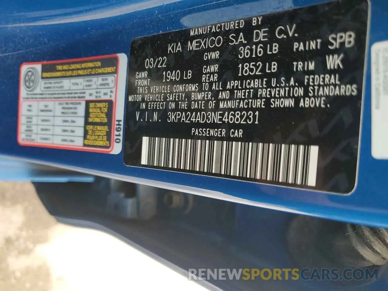 12 fotografías del automóvil dañado 3KPA24AD3NE468231 KIA RIO 2022