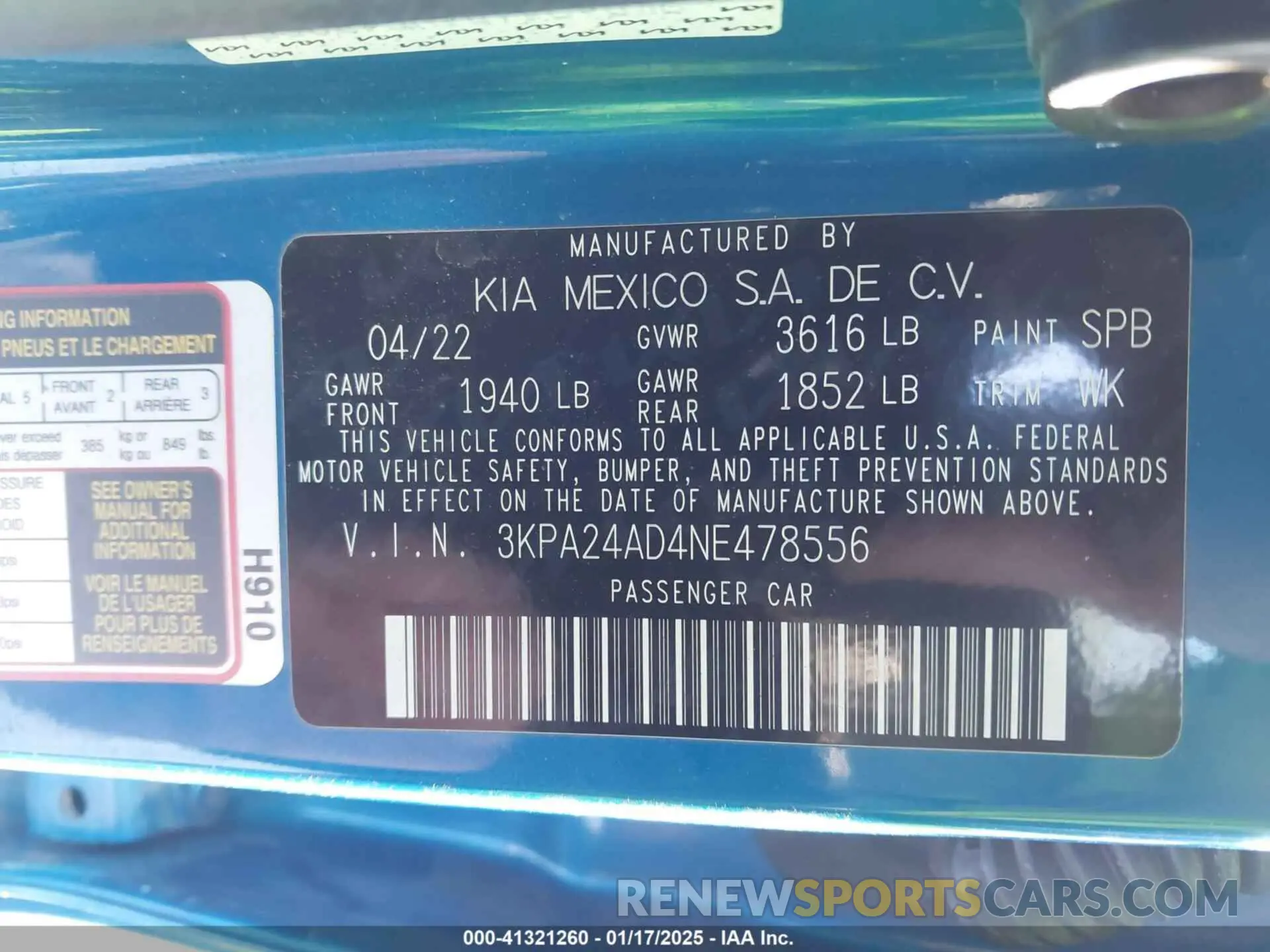 9 fotografías del automóvil dañado 3KPA24AD4NE478556 KIA RIO 2022