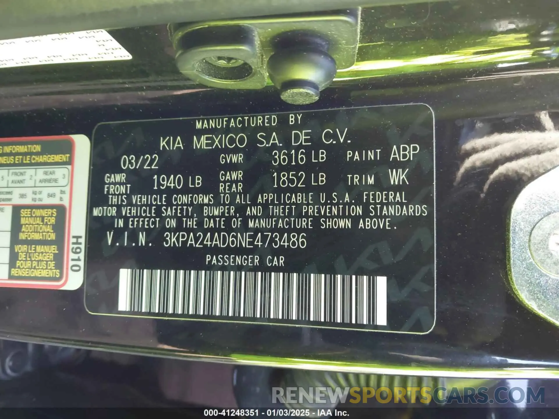 9 fotografías del automóvil dañado 3KPA24AD6NE473486 KIA RIO 2022