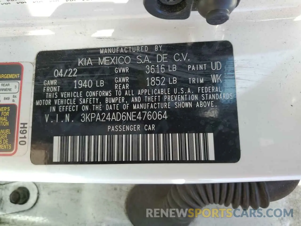 12 fotografías del automóvil dañado 3KPA24AD6NE476064 KIA RIO 2022
