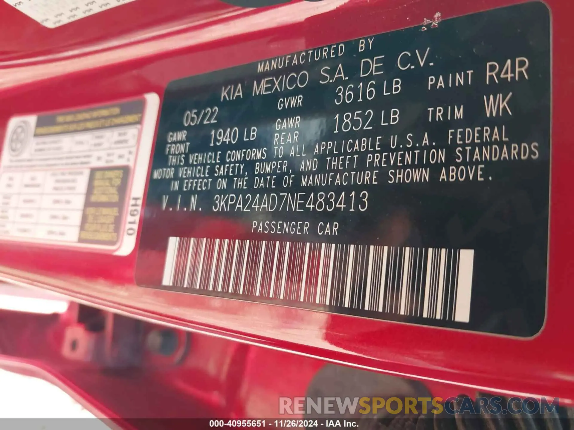 9 fotografías del automóvil dañado 3KPA24AD7NE483413 KIA RIO 2022